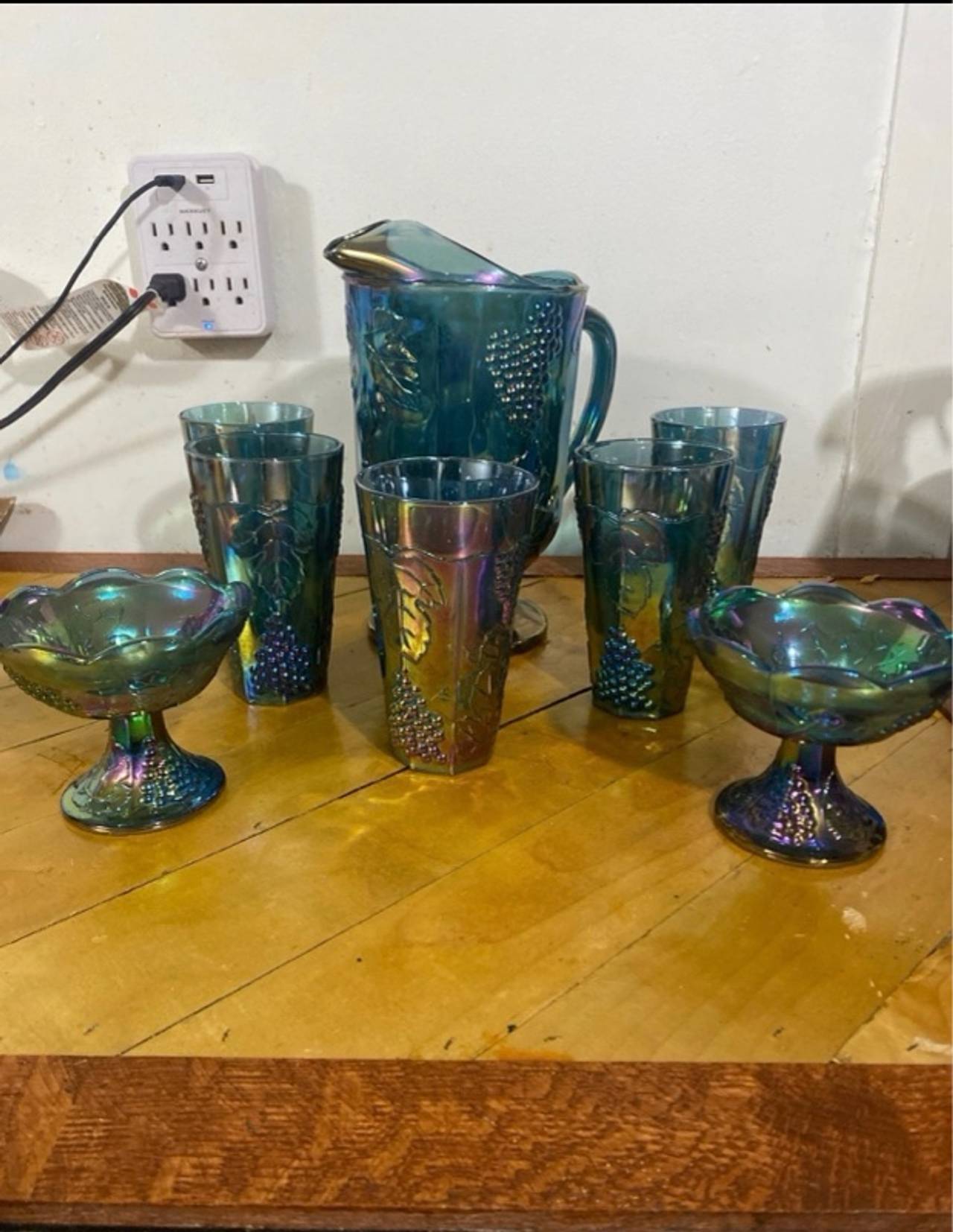 Indiana Glass Harvest Grape Blue Carnival Glass Pitcher Set