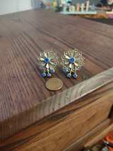 Vintage Gold Tone Filigree Flower Earrings with Blue Rhinestones - Image 3