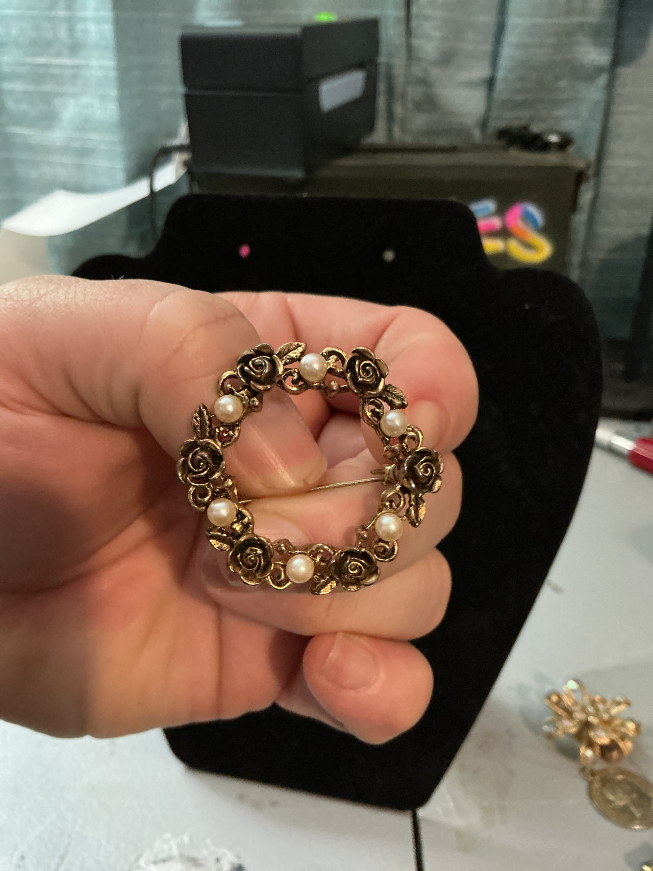 Vintage Rose and Faux Pearl Wreath Brooch