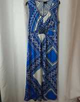 New direction sz L Blue Geometric Print Maxi Dress beaded accent v neck - Image 2
