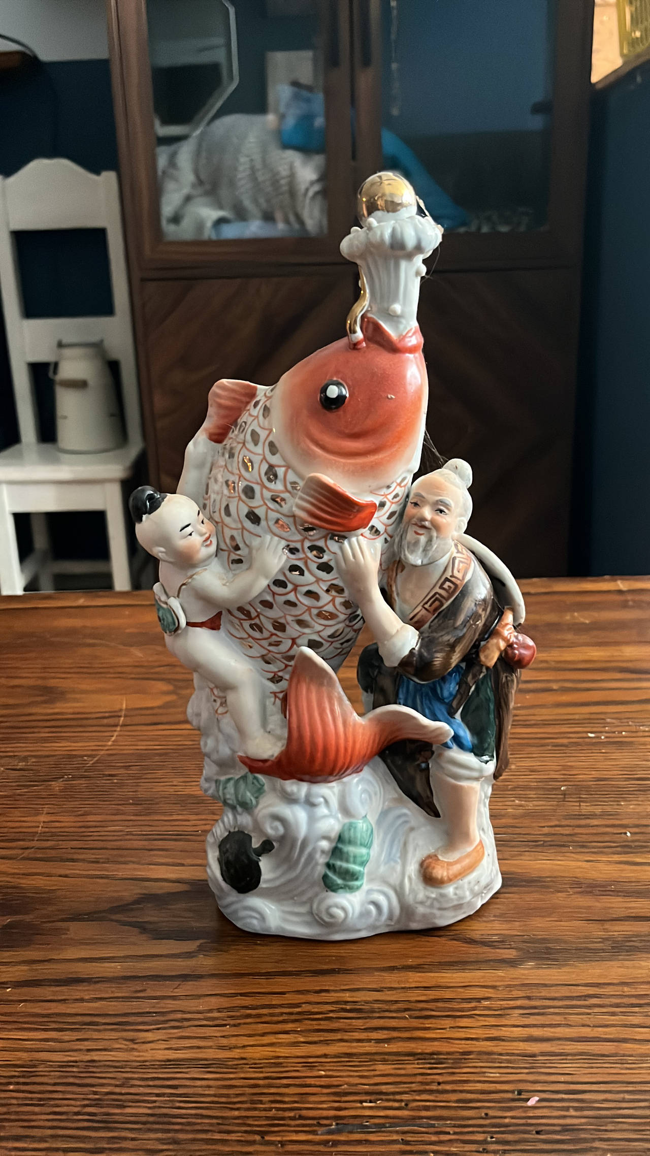 Vintage Chinese Porcelain Figurine Old Man and Boy with Koi Fish