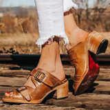 NIB Freebird Tan Caprice Women's Brown Leather Buckle Heeled Sandals - Image 1