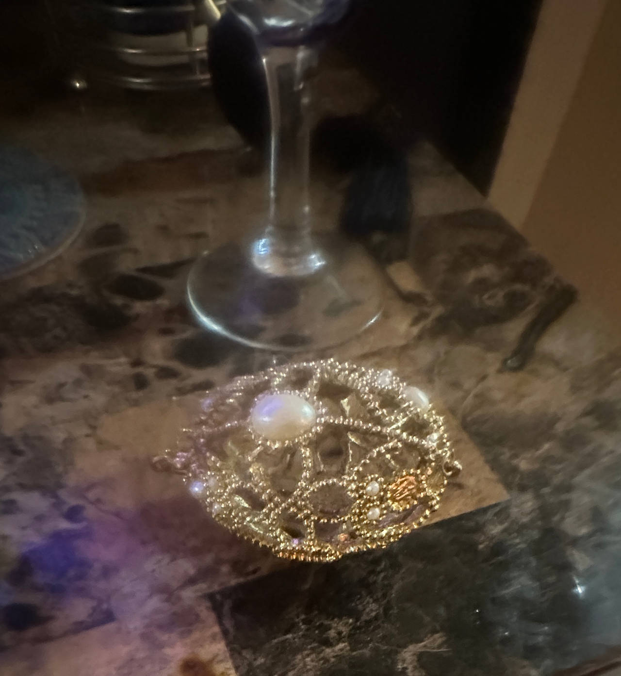 Vintage Gold Filigree Pearl Trinket Box