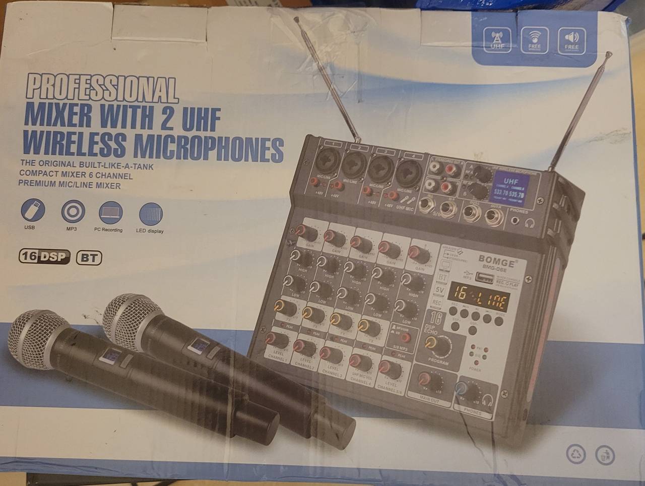 BOMGE BMG-06E 6 Channel Audio Mixer with Dual UHF Wireless Microphones