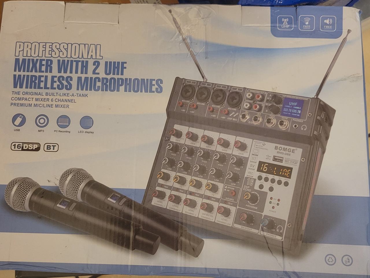 BOMGE BMG-06E 6 Channel Audio Mixer with Dual UHF Wireless Microphones