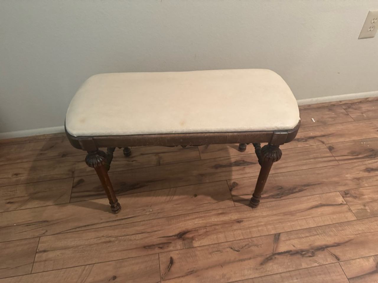 Antique French Country Brown Bench with White Fabric