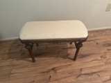 Antique French Country Brown Bench with White Fabric - Image 1