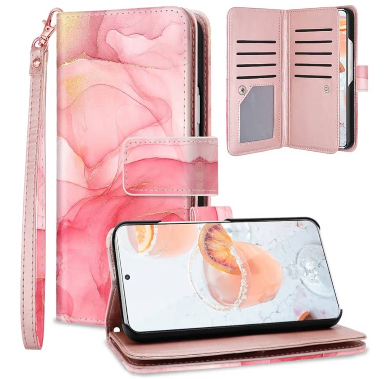 Samsung Galaxy S22 Case, Galaxy S22 Case Wallet,Rose Gold Marble 9 Card Holder