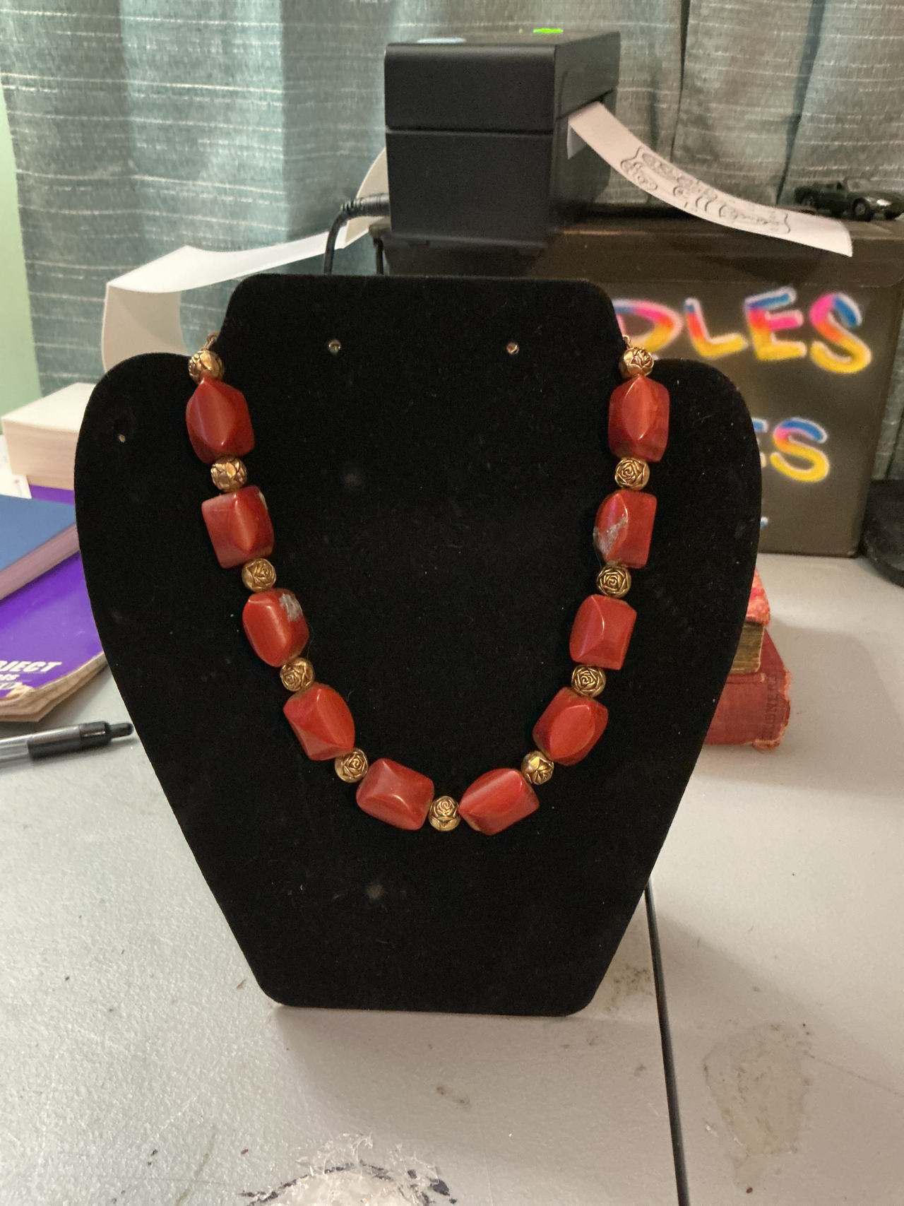 Red Stone Beaded Necklace with Gold Rose Accents
