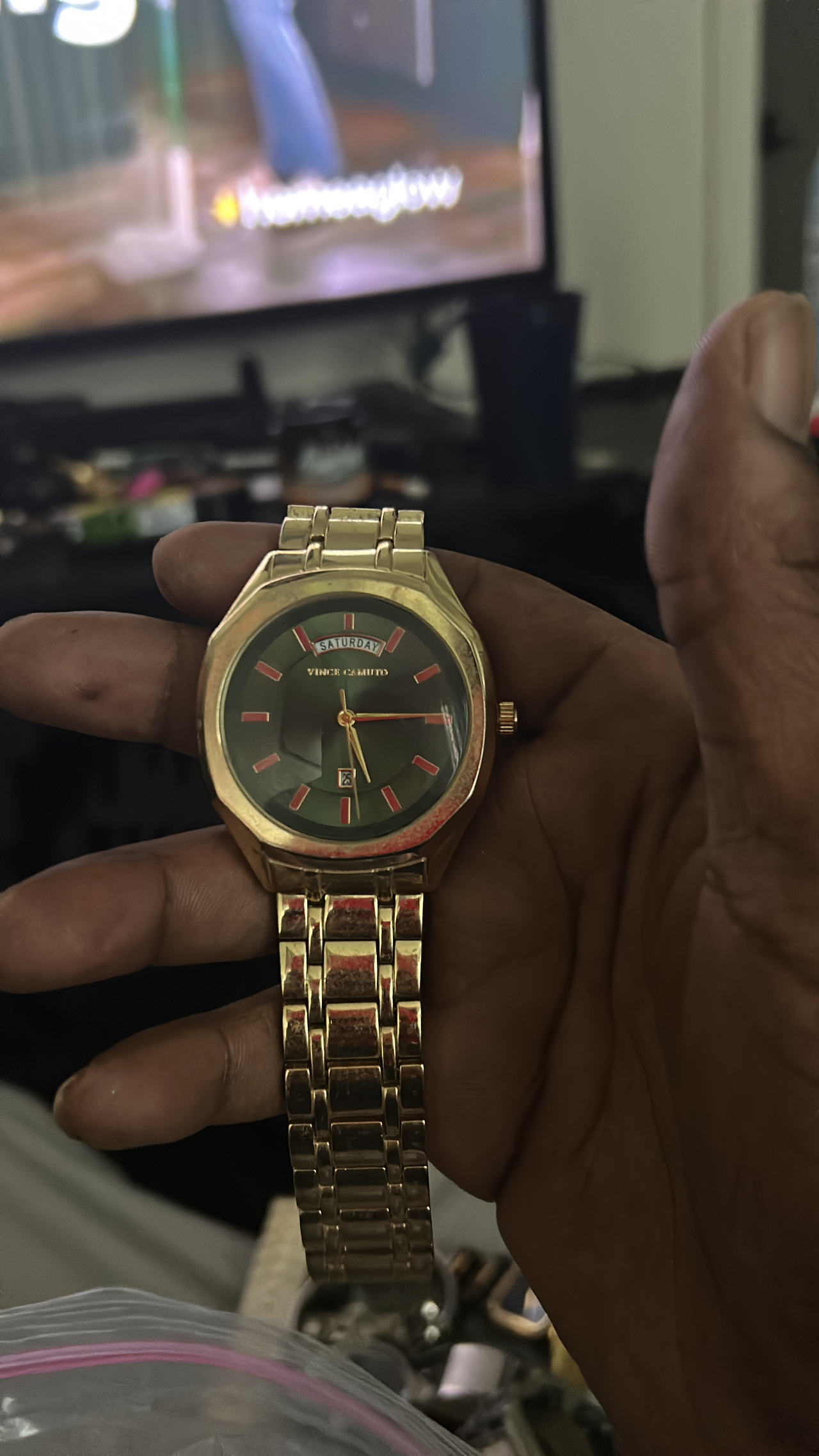 Vince Camuto Men's Gold-Tone and Green Dial Day/Date Function Bracelet Watch