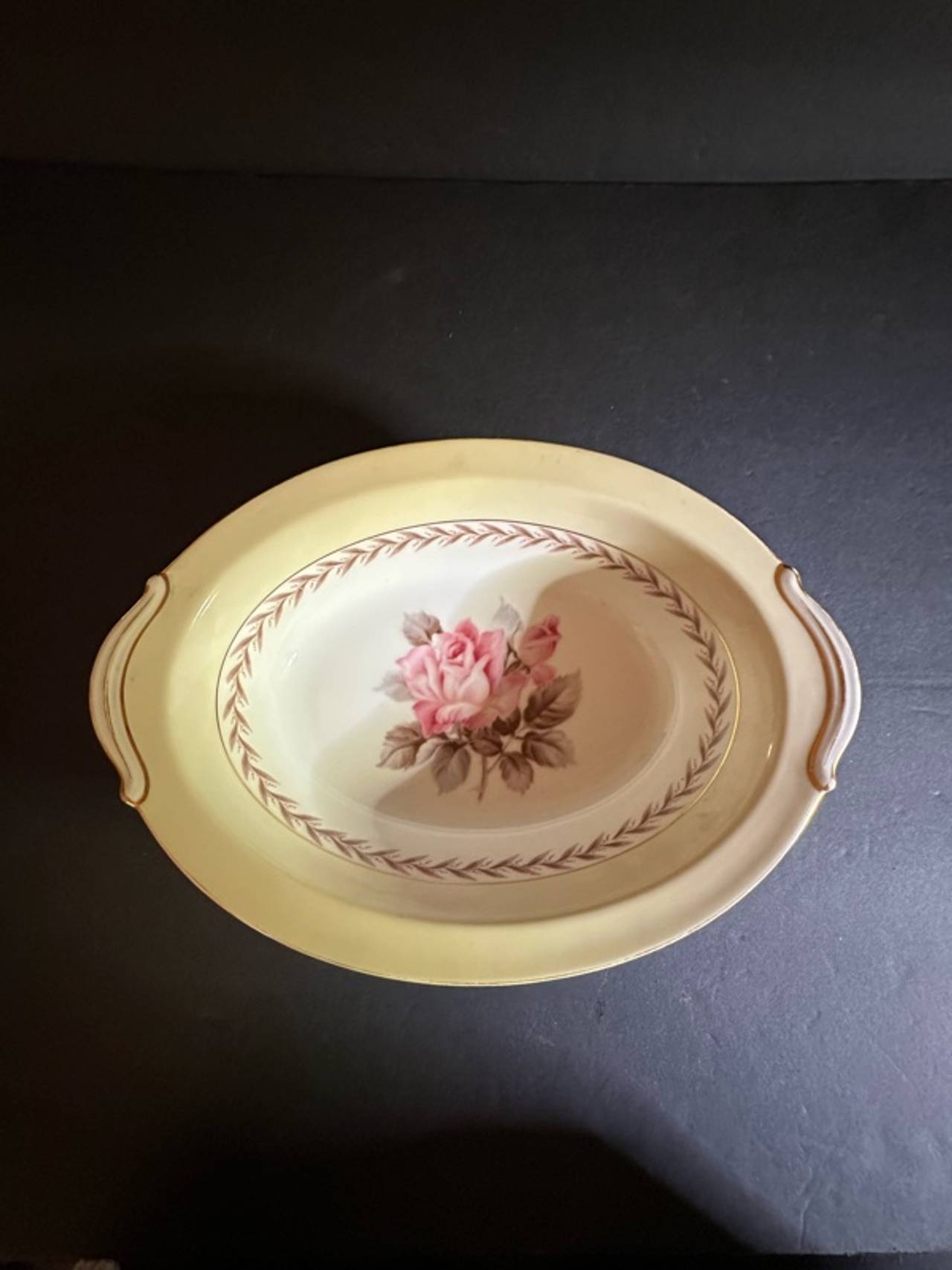 Noritake Rosemont Serving Bowl Gray Rim Pink Rose
