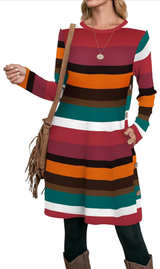 OFEEFAN Long Sleeve Dress for Women Crew Neck Tunic Dress with Pockets Buttons - Image 2