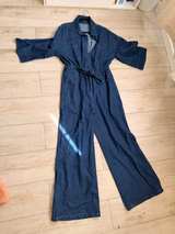Wide Leg Denim Jumpsuit with Tie Waist - Image 2
