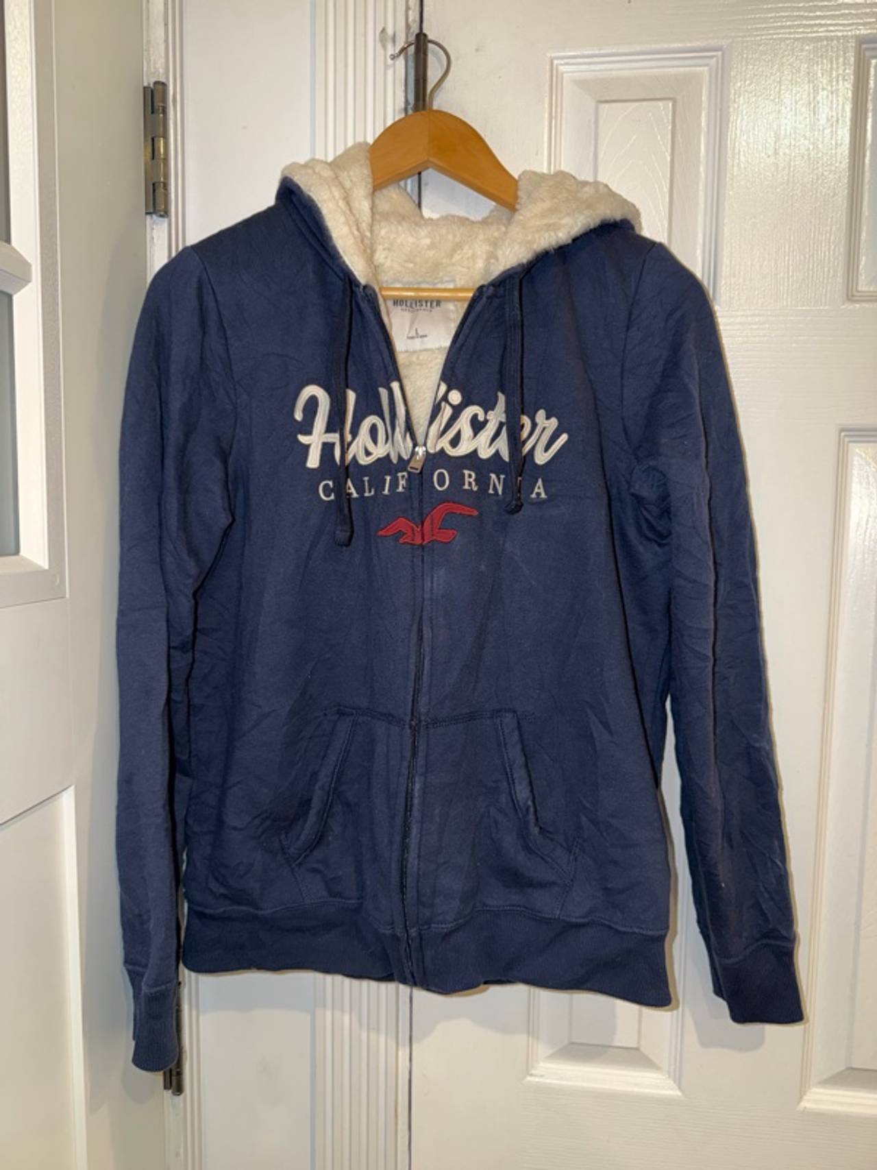 Hollister Faux Fur Lined Full Zip Hoodie Navy Large Winter Cozy Y2K