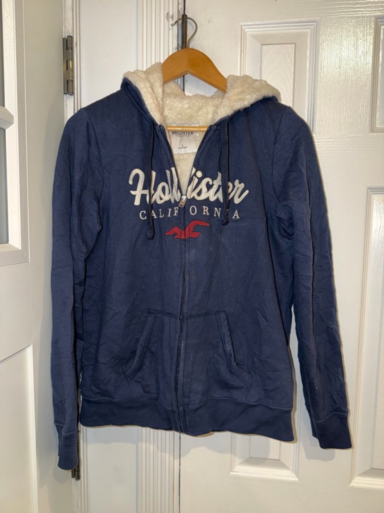 Hollister Faux Fur Lined Full Zip Hoodie Navy Large Winter Cozy Y2K