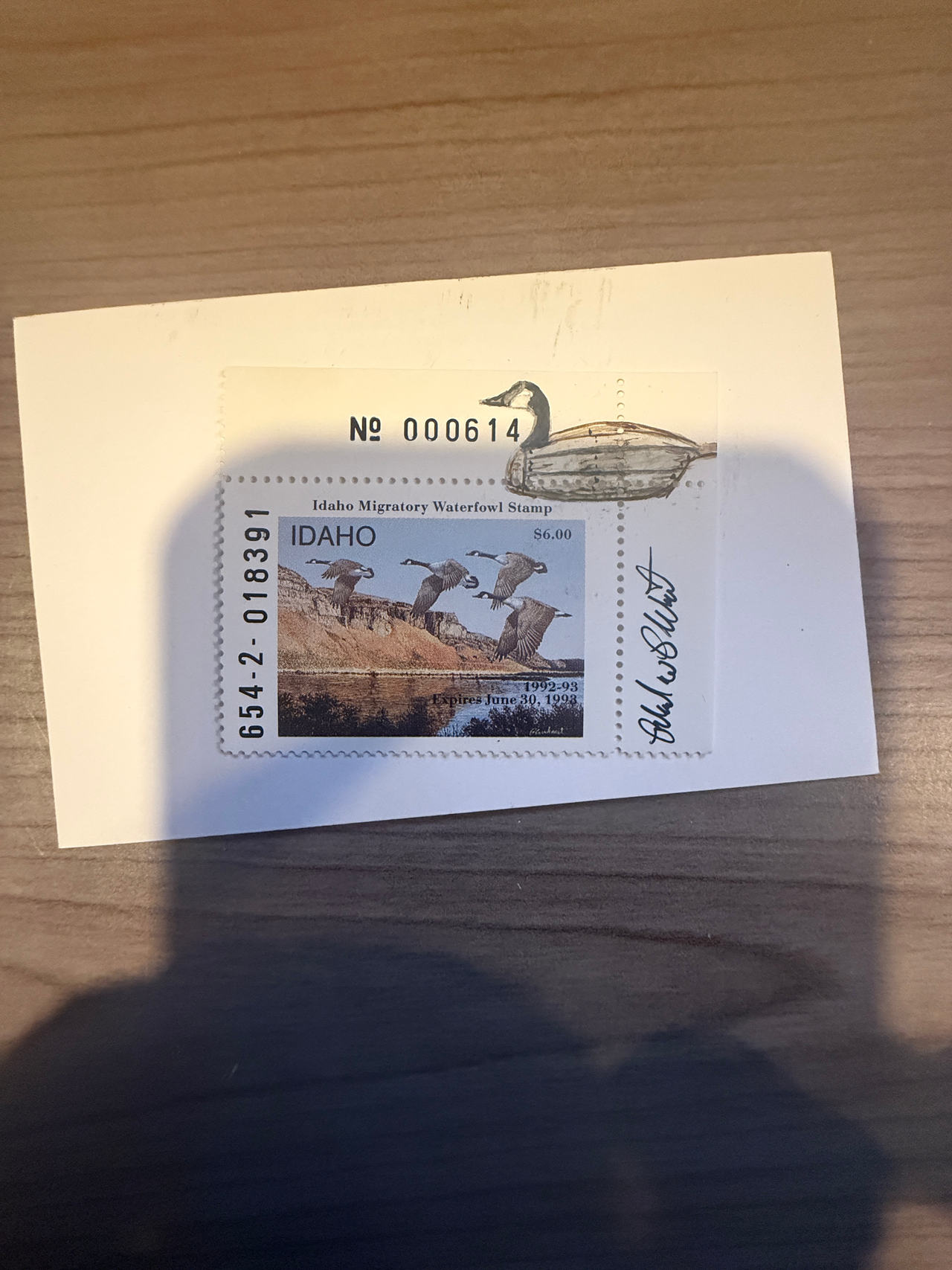 1992-1993 Idaho Migratory Waterfowl Stamp with Plate Block artist signed