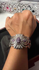 Vintage Silver-Tone Cuff with Purple Cabochons - Image 4