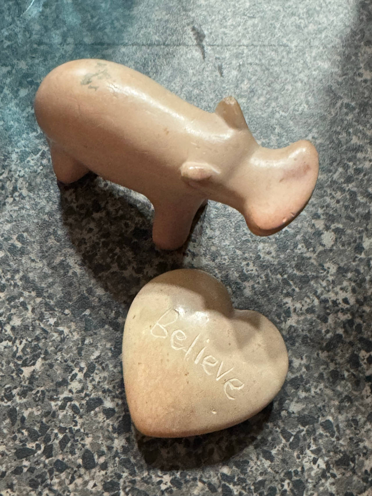 Hand-Carved Soapstone Hippo and Believe Heart Set