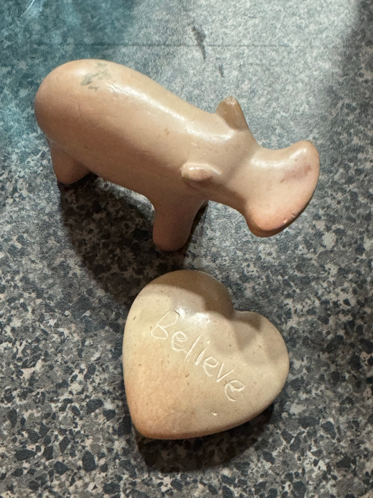 Hand-Carved Soapstone Hippo and Believe Heart Set