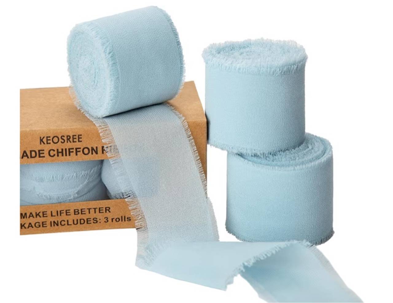 Light Blue Handmade Chiffon Ribbon, 4 Rolls Frayed Fringe Silk Ribbons 