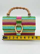 Multicolor Woven Straw Clutch Bamboo Handle Gold Chain Crossbody Purse - Image 7