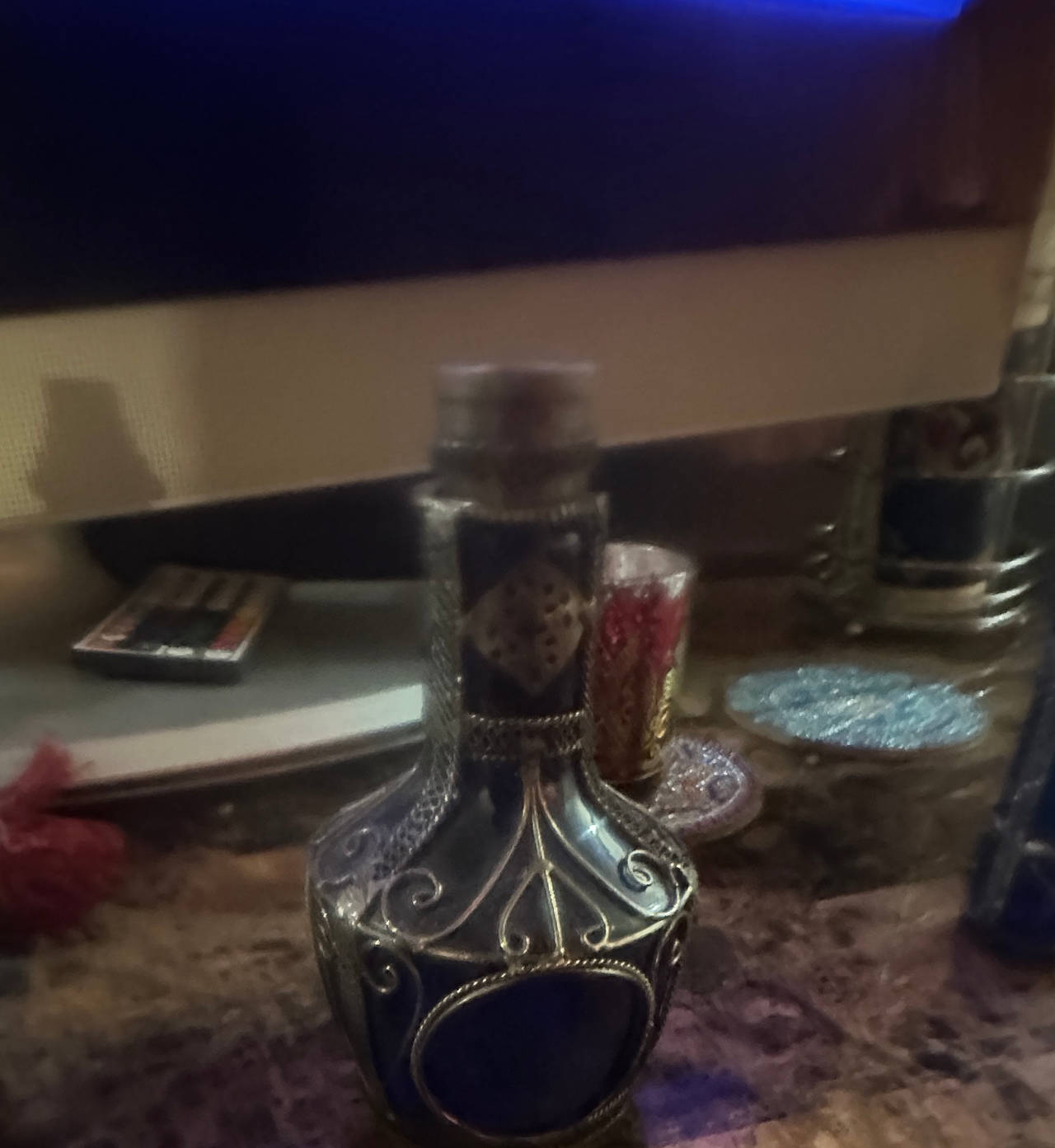Vintage Moroccan Style Cobalt Blue Glass Bottle with Metal Filigree