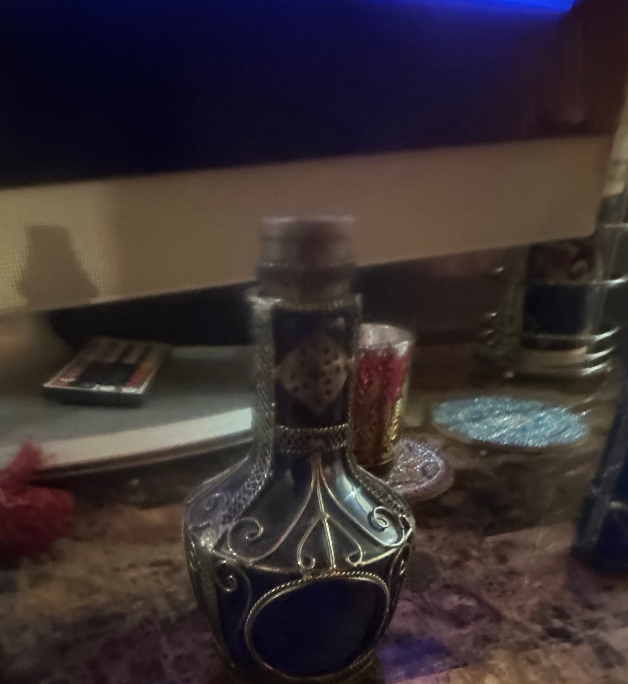 Vintage Moroccan Style Cobalt Blue Glass Bottle with Metal Filigree