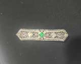 Vintage Art Deco Emerald Filigree Brooch - Image 1