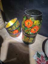 Vintage Russian Khokhloma Hand-Painted Wooden Bowls and Cups - Image 1