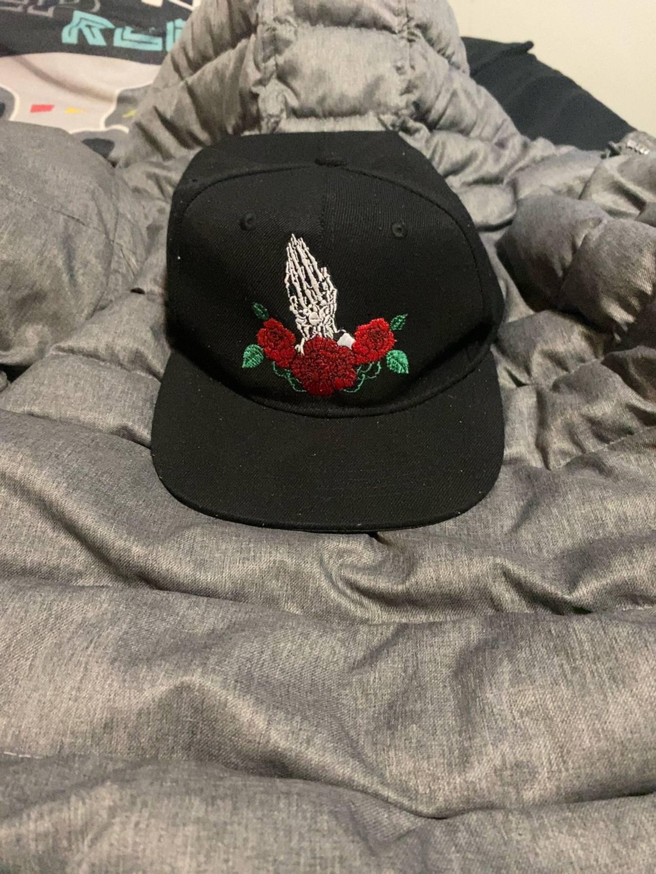 Ring of Fire Savage Skull Prayer Hands & Roses SNAPBACK HAT cap