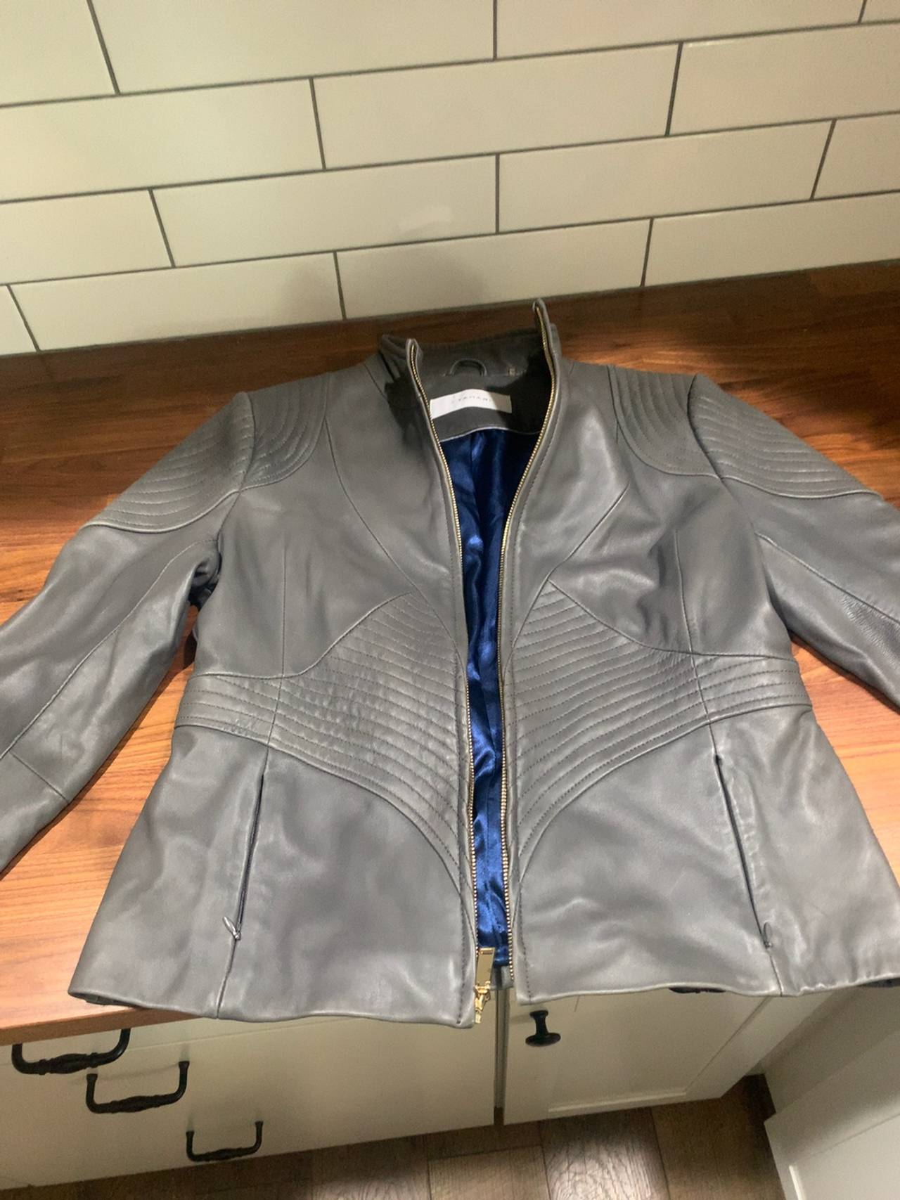 Elie Tahari Grey Leather Biker Jacket