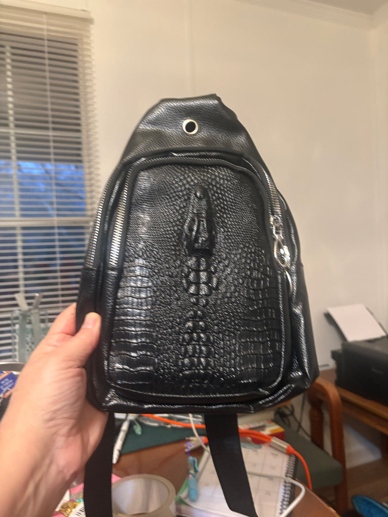 Black Faux Crocodile Leather Sling Bag