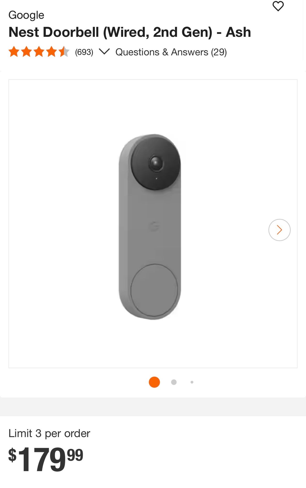 Google Nest Doorbell (Wired, 2nd Gen) - Ash