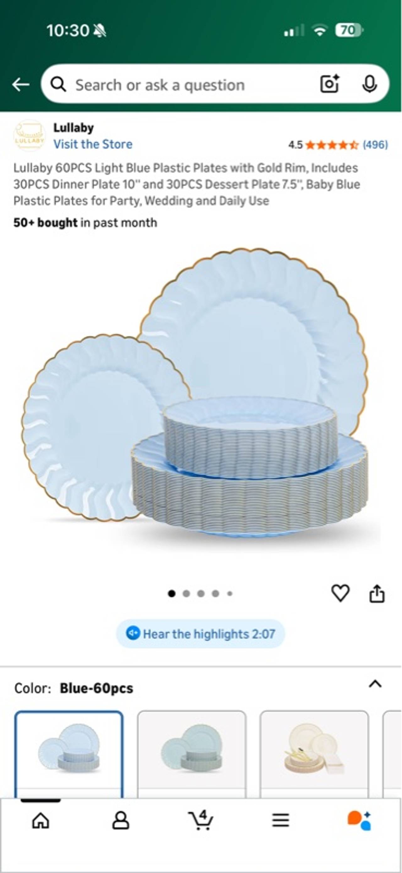 Lullaby Light Blue Plastic Plates with Gold Rim (60 pcs)