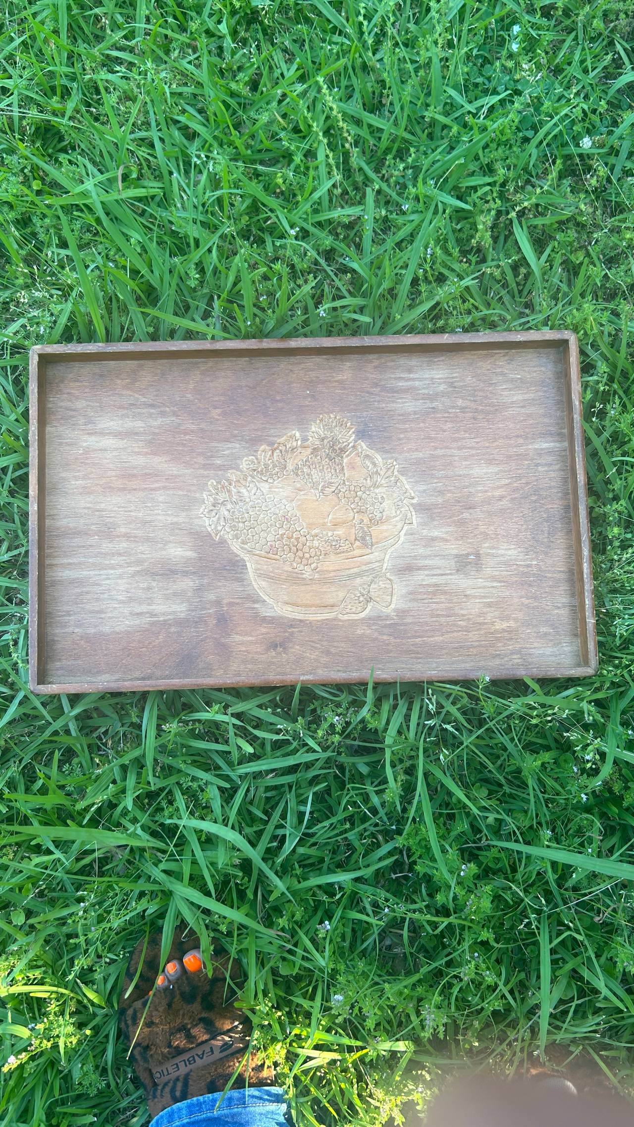 Vintage Wooden Serving Tray with Fruit Etching