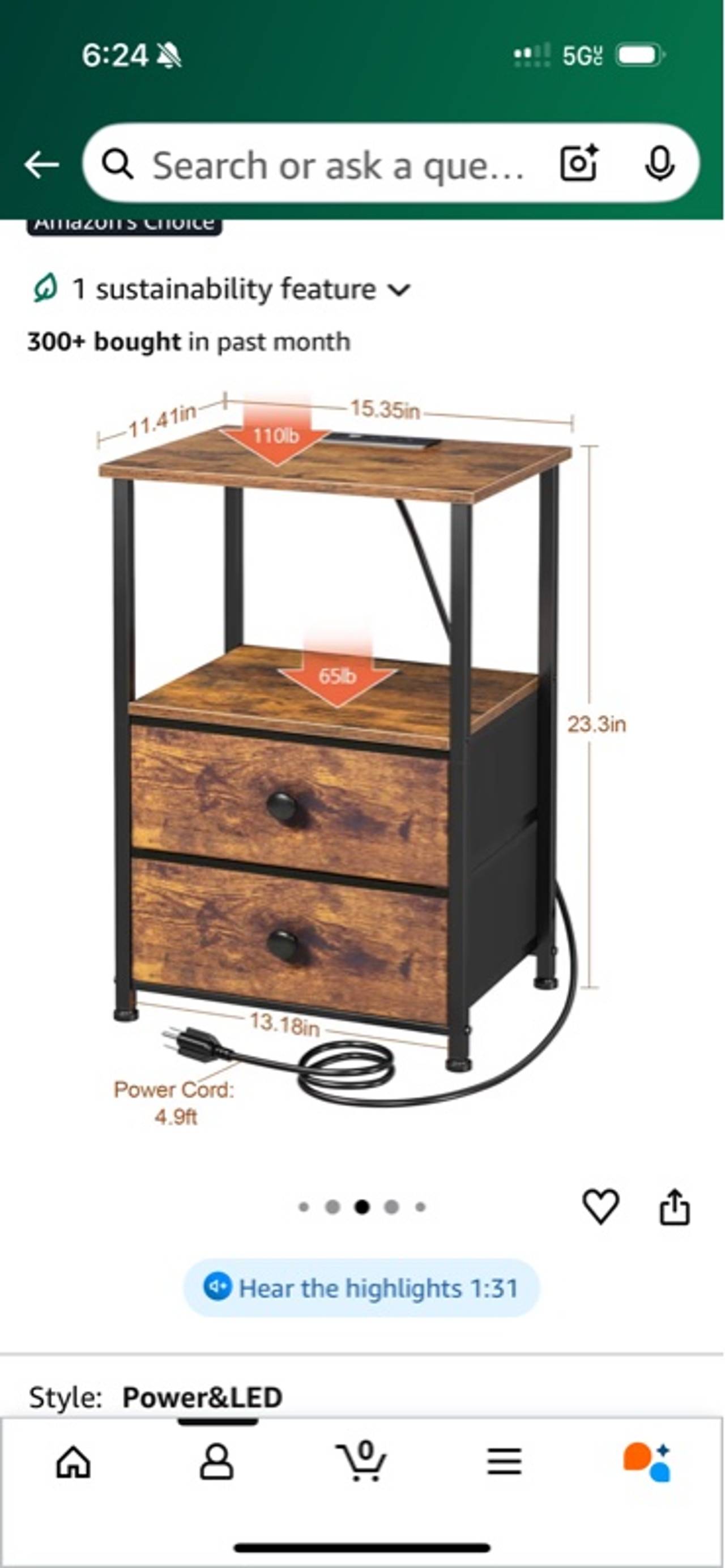 Ollieroo Rustic Brown Nightstand with Charging Station