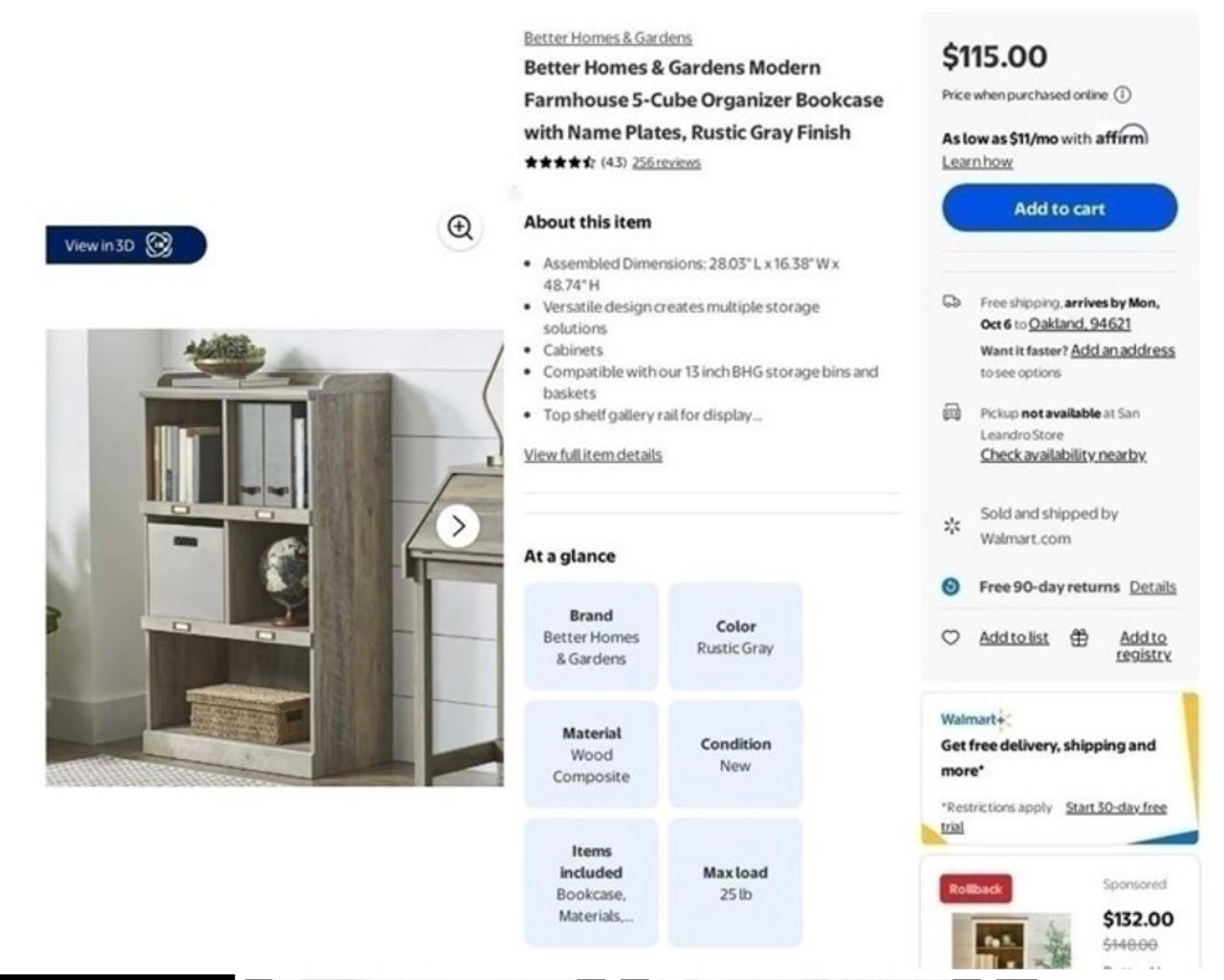 Better Homes & Gardens Modern Farmhouse 5-Cube Organizer Bookcase with Name Plates, Rustic Gray Finish