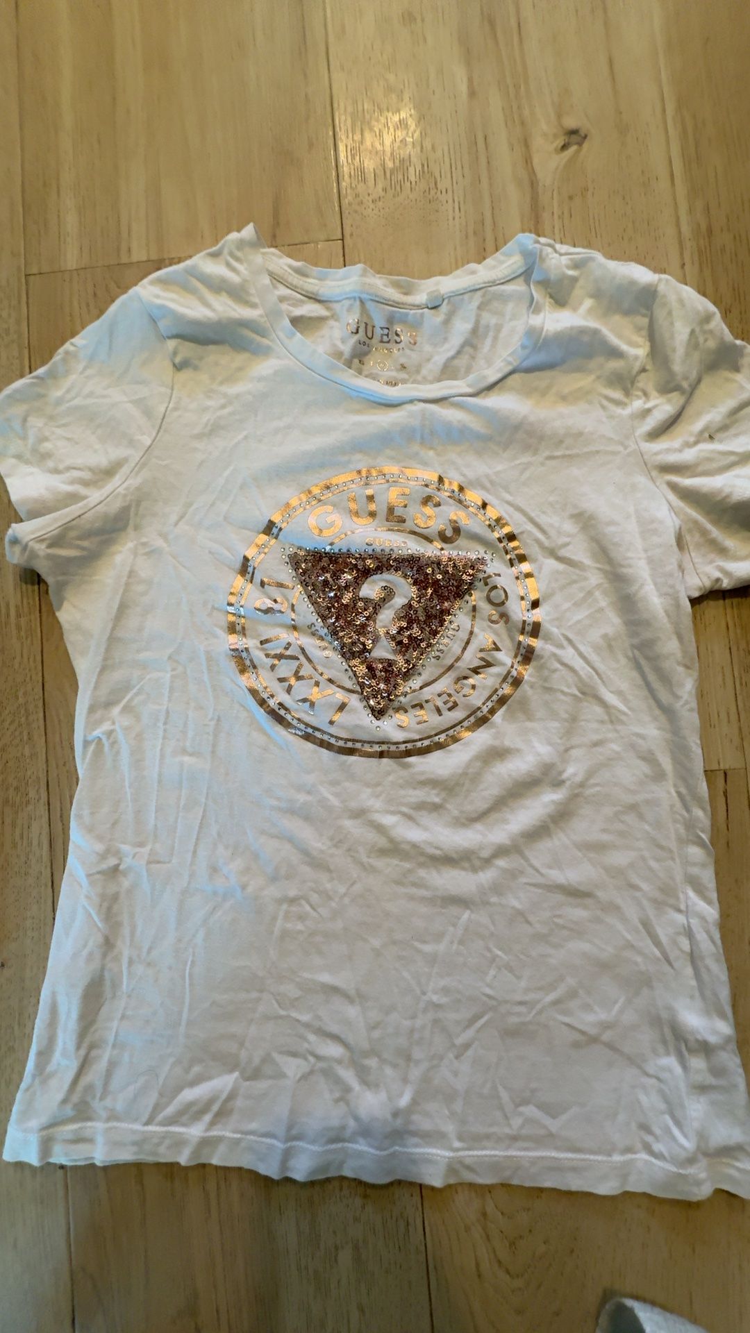 GUESS Women's White Embellished Triangle Logo T-Shirt: medium