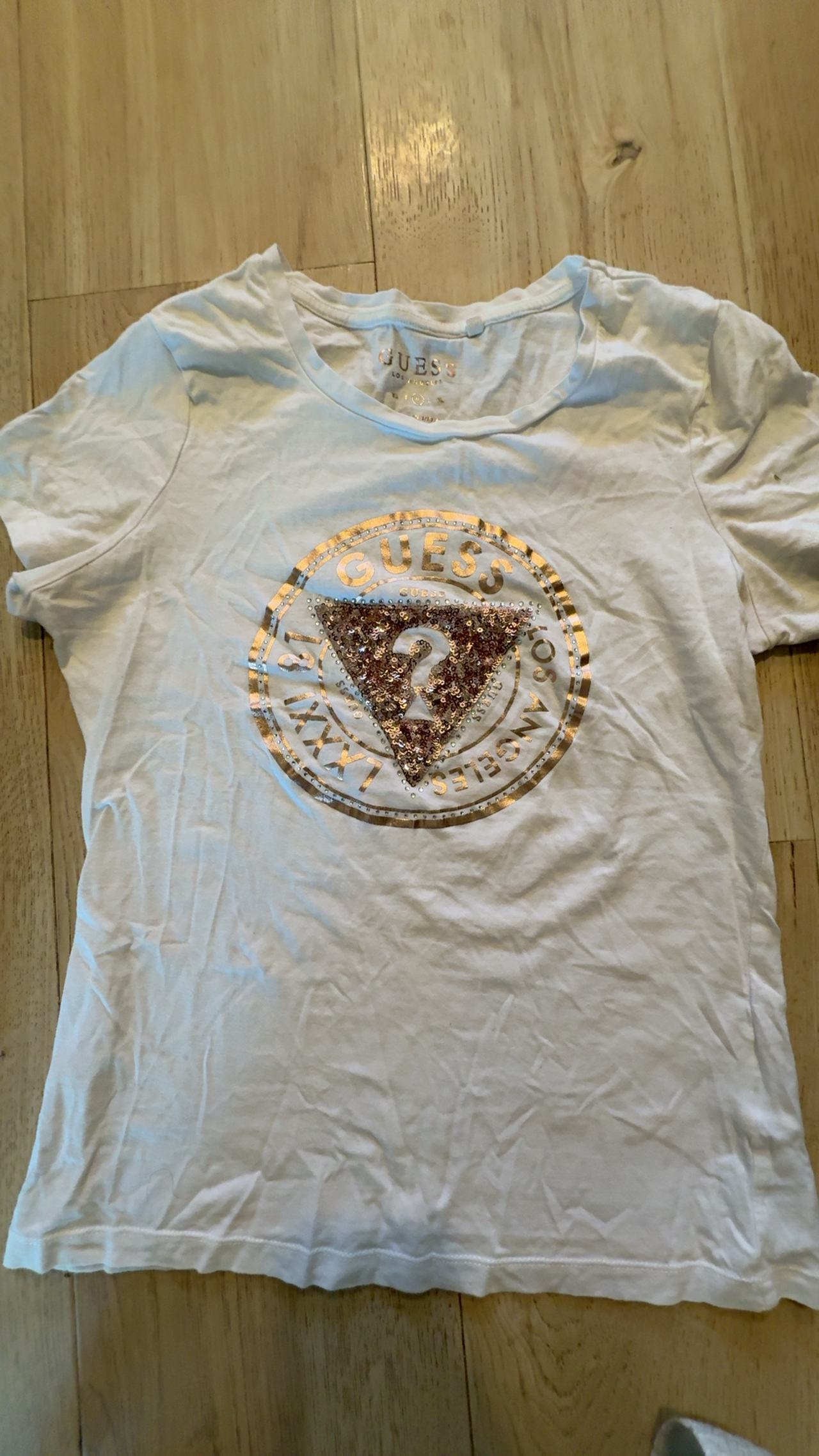 GUESS Women's White Embellished Triangle Logo T-Shirt: medium