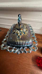 Indiana Glass Blue Carnival Glass Pedestal Vtg  Iridescent Blue Car - Image 4