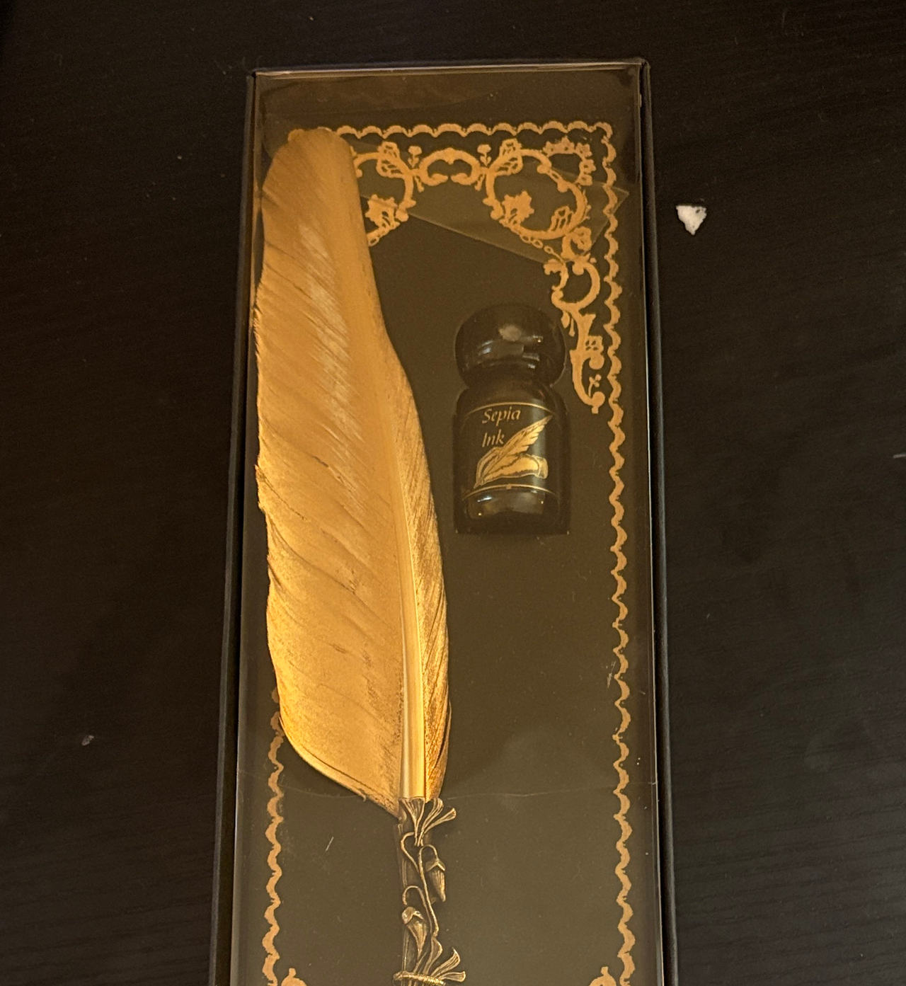 Gold Feather Quill Pen and Sepia Ink Set