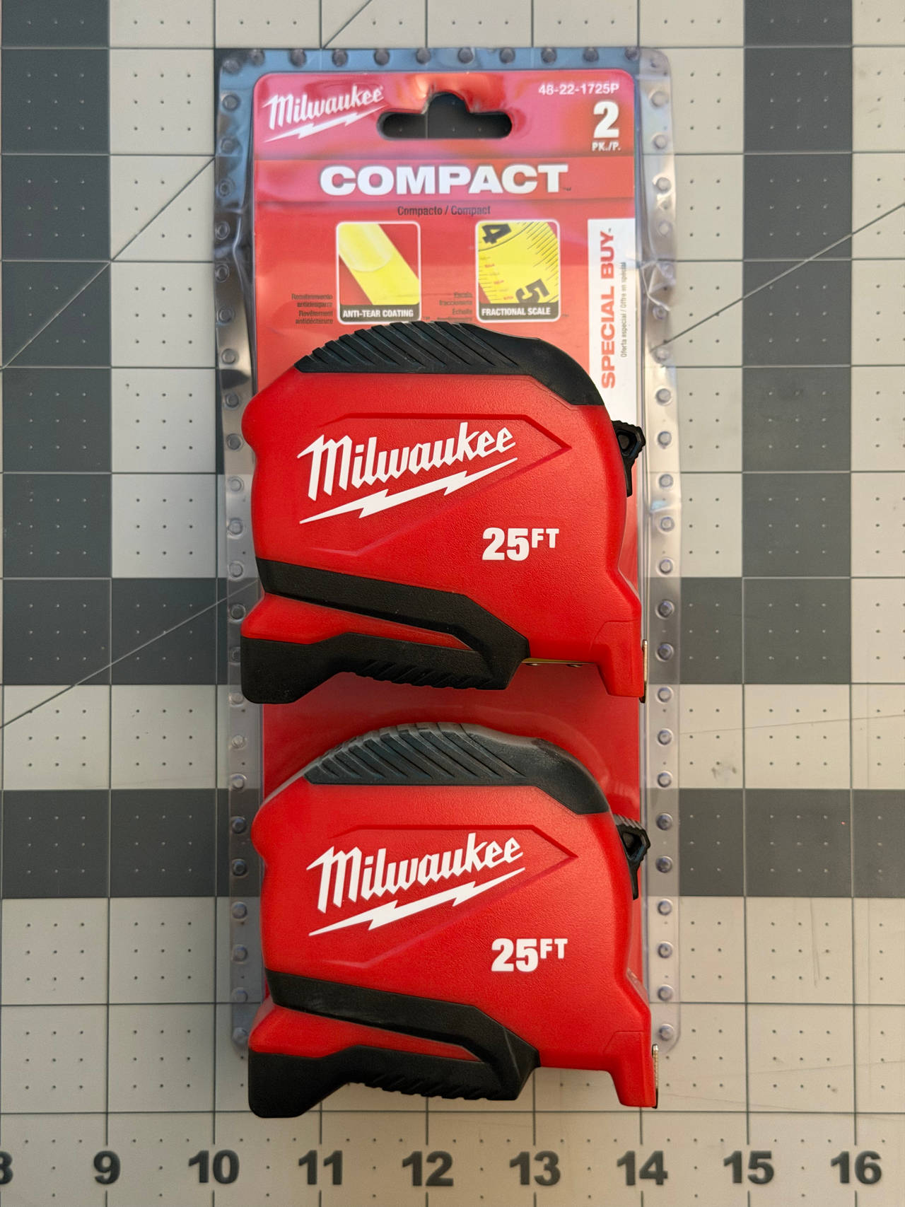 Milwaukee 25ft Compact Tape Measure 2-Pack w/ fractional scale and anti tear