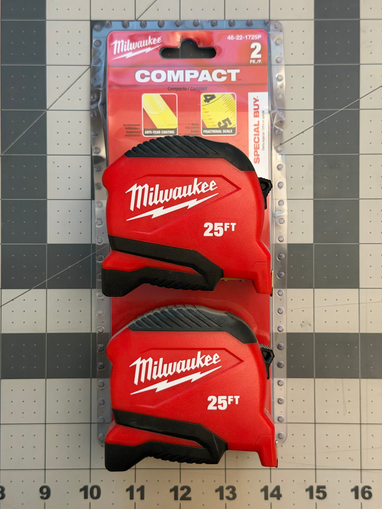 Milwaukee 25ft Compact Tape Measure 2-Pack w/ fractional scale and anti tear