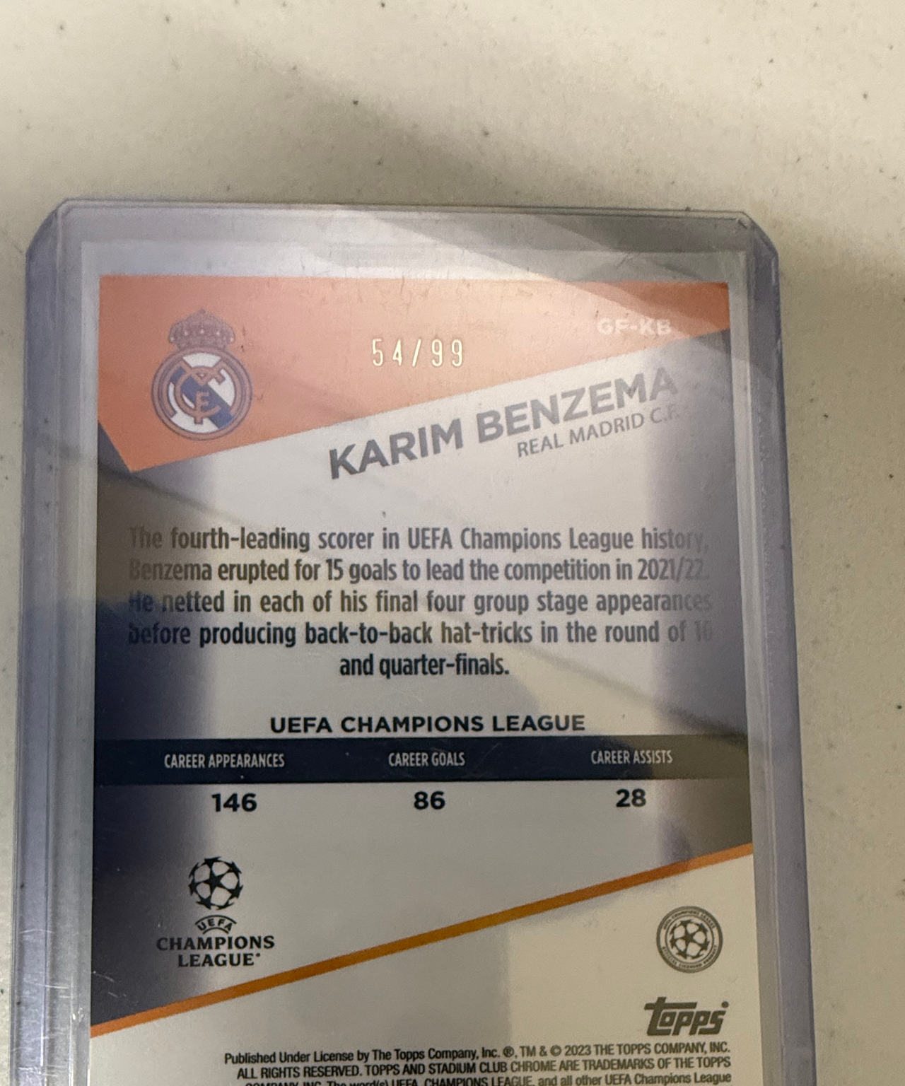 2022-23 Topps Stadium Club Chrome Karim Benzema Glimpse of Gold /99 #CF-KB