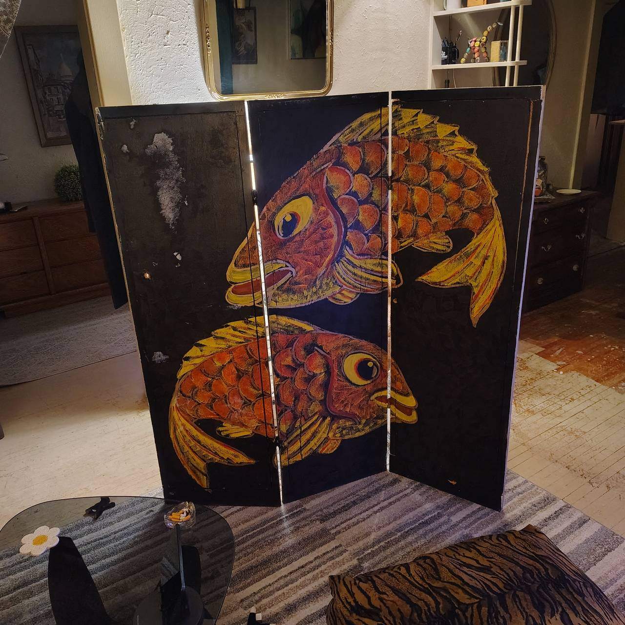 Vintage Hand-Painted Koi Fish 3-Panel Room Divider