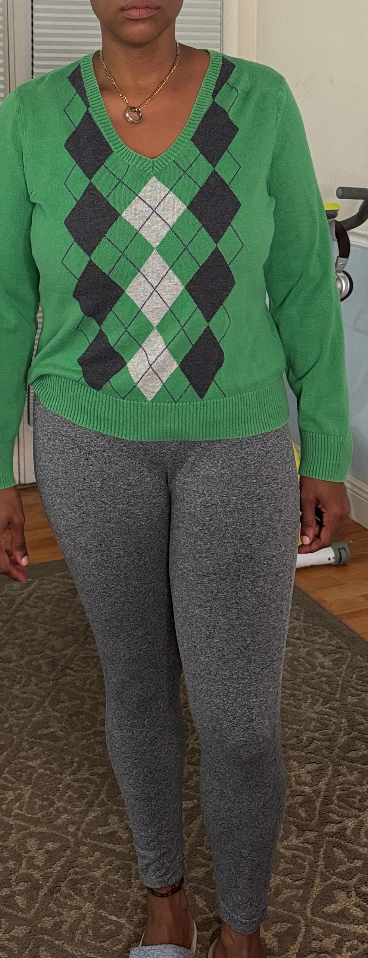 Women's Green Argyle V-Neck Sweater