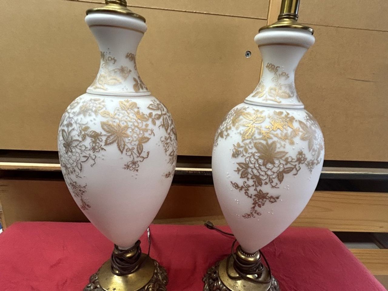 Vintage White Glass Table Lamp with Gold Trim