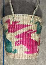 Vintage Handwoven Lidded Basket w Handles Natural Fiber Pink Green Storage Hampr - Image 4
