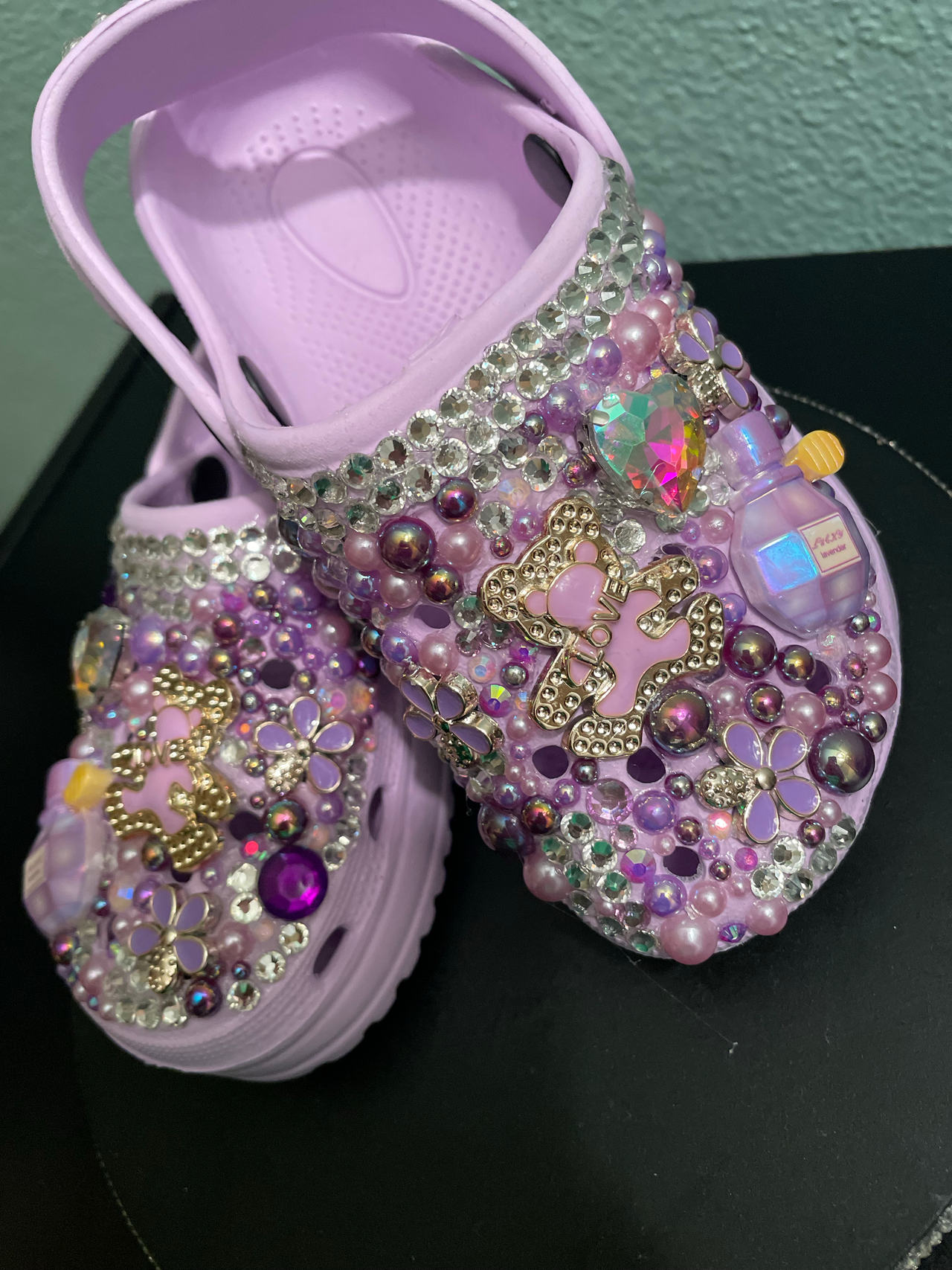 Handmade rhinestones and hems girls purple new clogs size 