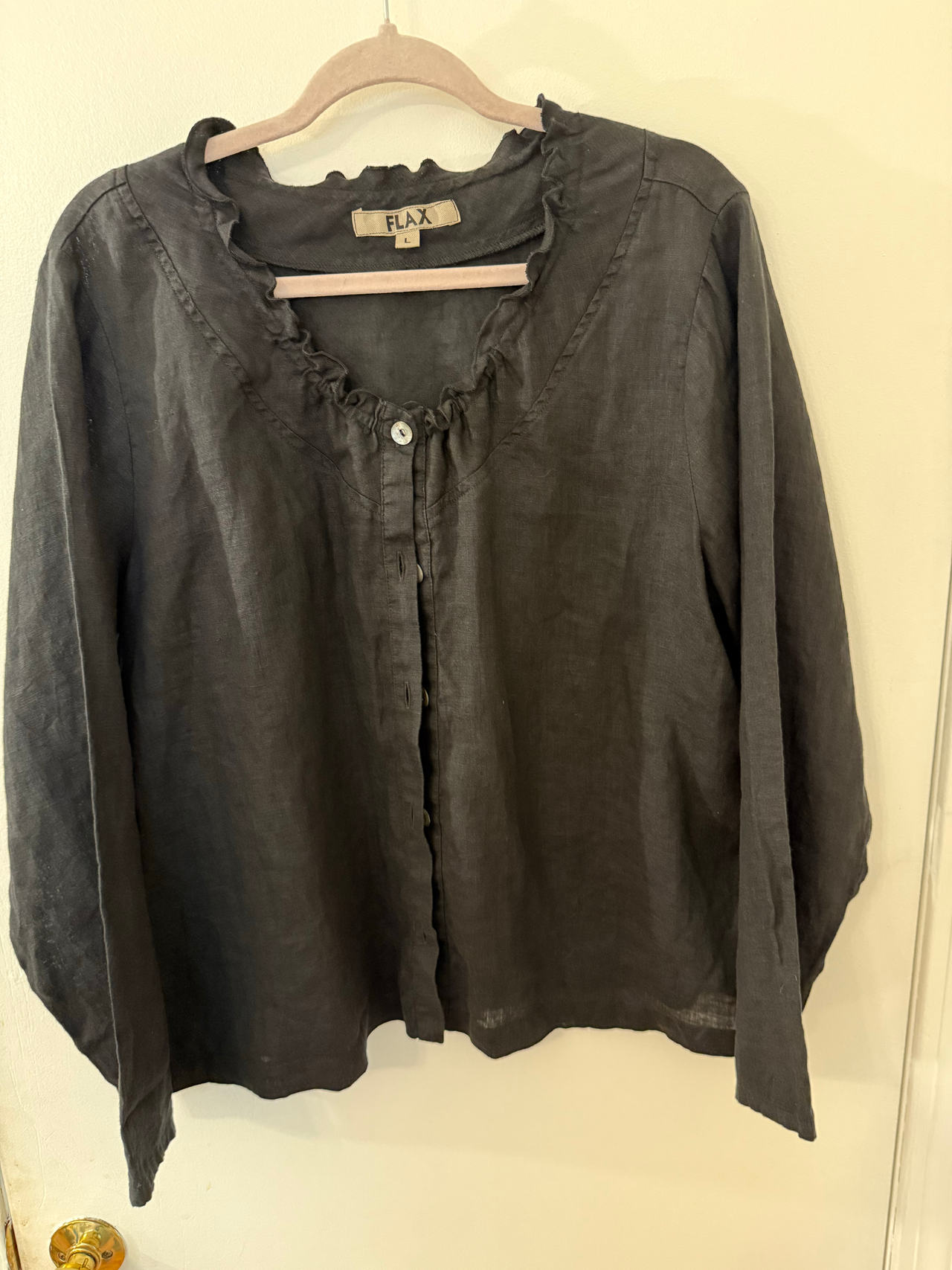 FLAX Linen Ruffle Neck Button Down Top